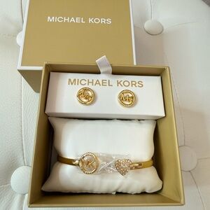 MK Michael Kors Gold Bracelet Bangle Logo Earrings Brass Crystal Set NIB NEW